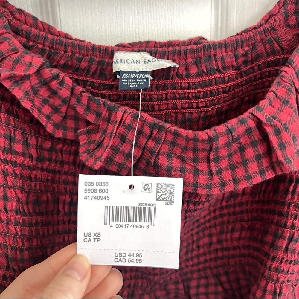 American Eagle Plaid Peasant Top with Ruffle Neck - Picture 2 of 2